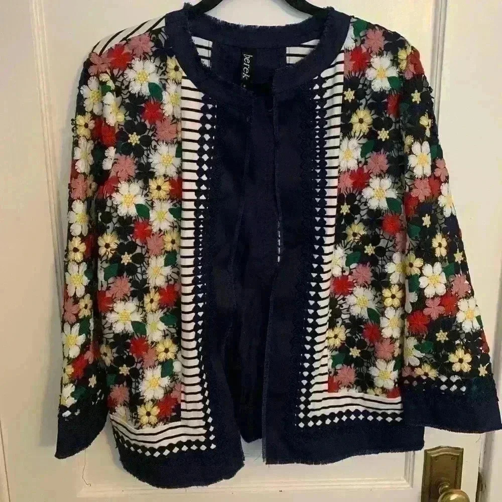 Berek Blue Lace Floral Striped Blazer Sweater Jacket, Womens Size Medium